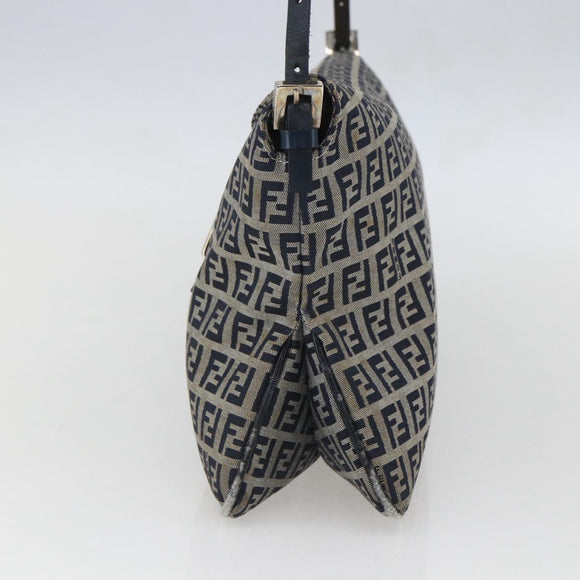 FENDI Zucchino Canvas Shoulder Bag Navy Silver Auth 159737