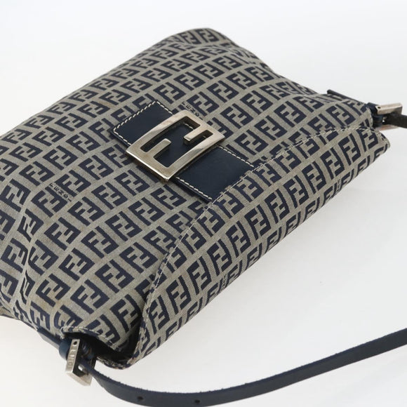 FENDI Zucchino Canvas Shoulder Bag Navy Silver Auth 159737