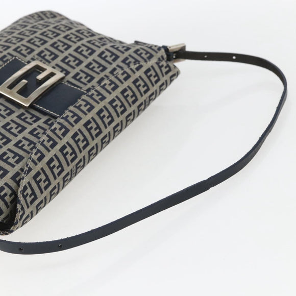 FENDI Zucchino Canvas Shoulder Bag Navy Silver Auth 159737