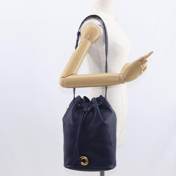 CELINE Circle Shoulder Bag Leather Navy Gold Auth 159739
