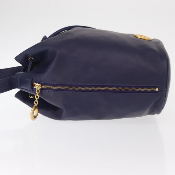 CELINE Circle Shoulder Bag Leather Navy Gold Auth 159739