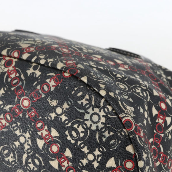 CHANEL Coco Travel Boston Bag PVC Canvas Black Silver CC Auth 159746