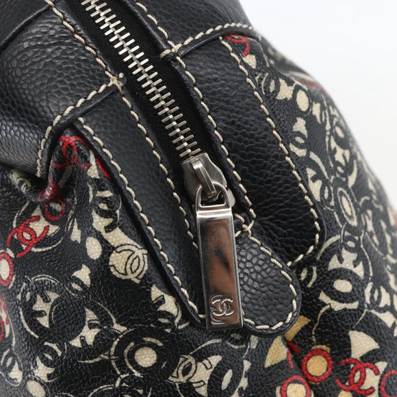 CHANEL Coco Travel Boston Bag PVC Canvas Black Silver CC Auth 159746