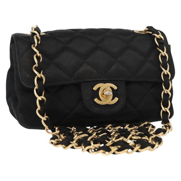 CHANEL Matelasse Chain Shoulder Bag Satin Black Gold CC Auth 159749