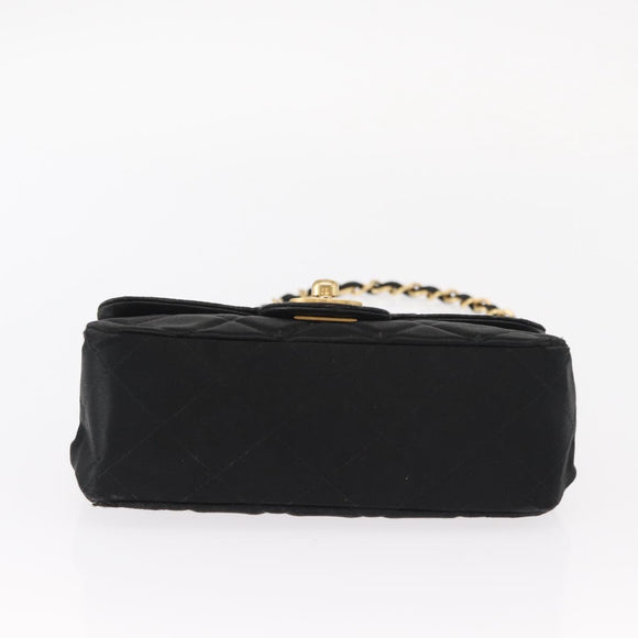 CHANEL Matelasse Chain Shoulder Bag Satin Black Gold CC Auth 159749
