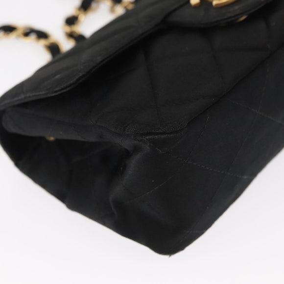 CHANEL Matelasse Chain Shoulder Bag Satin Black Gold CC Auth 159749