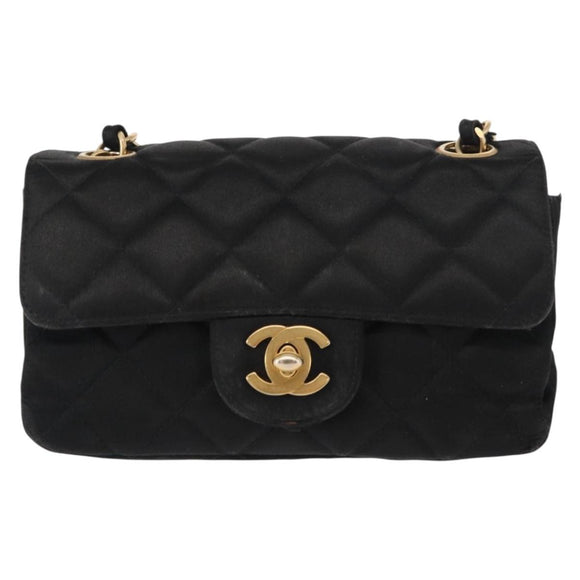 CHANEL Matelasse Chain Shoulder Bag Satin Black Gold CC Auth 159749