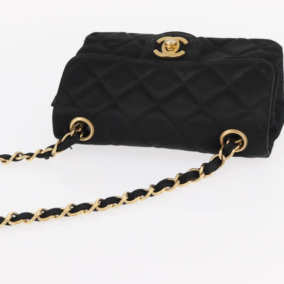 CHANEL Matelasse Chain Shoulder Bag Satin Black Gold CC Auth 159749