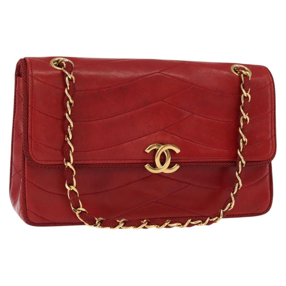 CHANEL Matelasse Chain Shoulder Bag Lamb Skin Red Gold CC Auth 159750