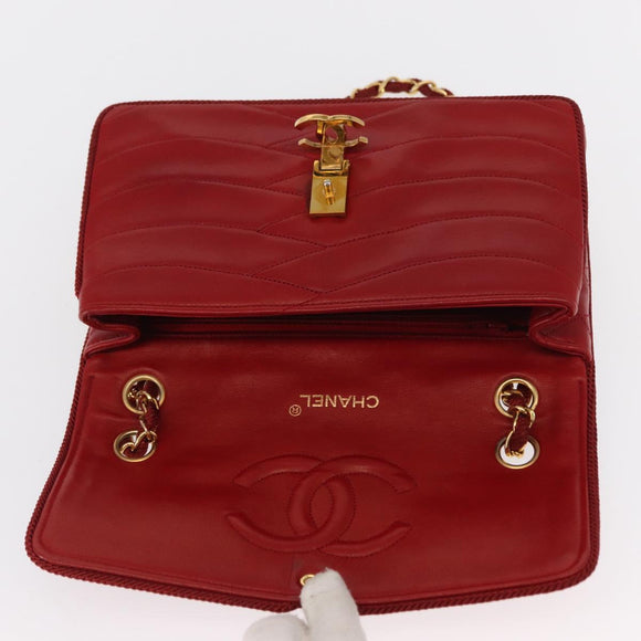 CHANEL Matelasse Chain Shoulder Bag Lamb Skin Red Gold CC Auth 159750