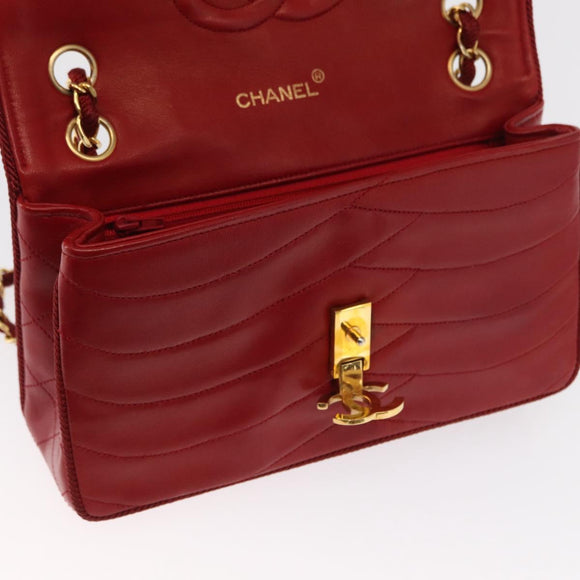 CHANEL Matelasse Chain Shoulder Bag Lamb Skin Red Gold CC Auth 159750