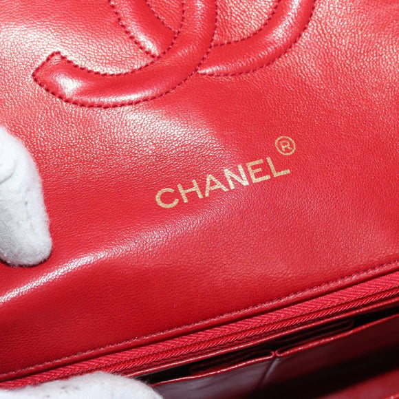 CHANEL Matelasse Chain Shoulder Bag Lamb Skin Red Gold CC Auth 159750