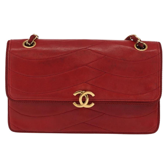 CHANEL Matelasse Chain Shoulder Bag Lamb Skin Red Gold CC Auth 159750