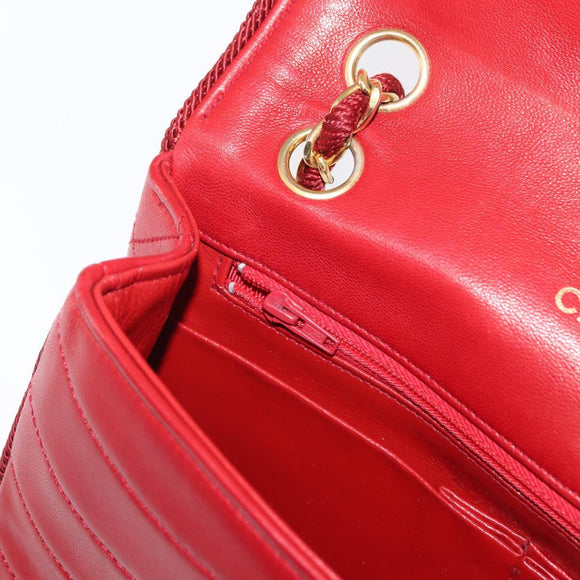 CHANEL Matelasse Chain Shoulder Bag Lamb Skin Red Gold CC Auth 159750