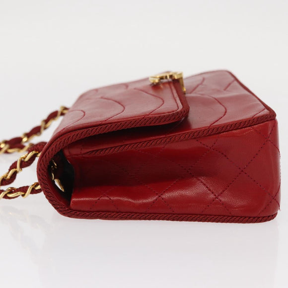 CHANEL Matelasse Chain Shoulder Bag Lamb Skin Red Gold CC Auth 159750