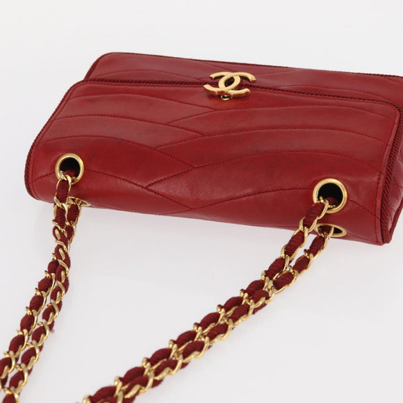 CHANEL Matelasse Chain Shoulder Bag Lamb Skin Red Gold CC Auth 159750