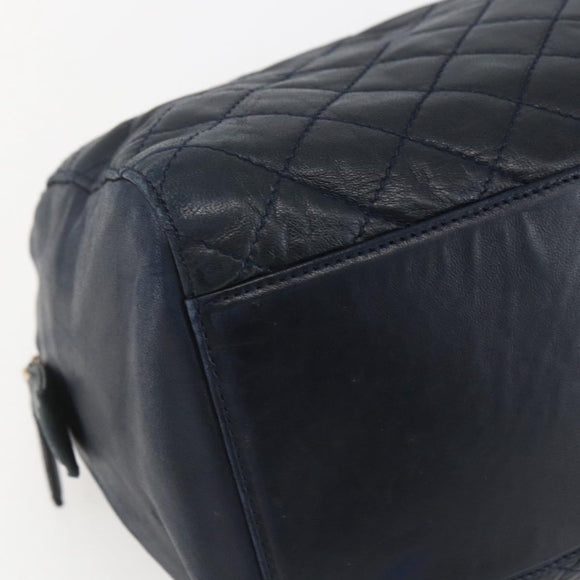 PRADA Hand Bag Leather Navy Gold Auth 159789