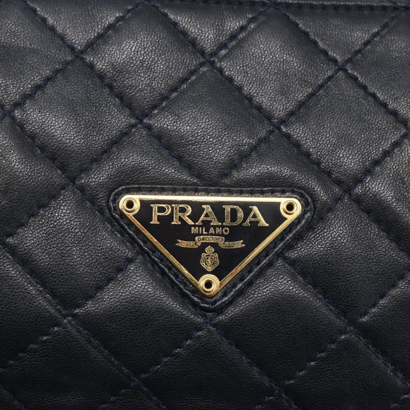 PRADA Hand Bag Leather Navy Gold Auth 159789