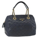 PRADA Hand Bag Leather Navy Gold Auth 159789-1