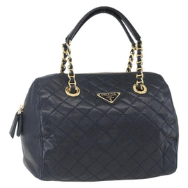 PRADA Hand Bag Leather Navy Gold Auth 159789