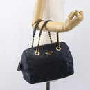 PRADA Hand Bag Leather Navy Gold Auth 159789-23