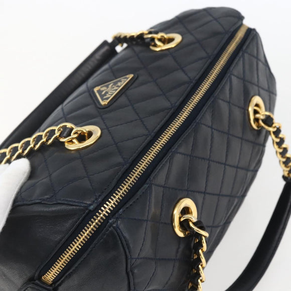 PRADA Hand Bag Leather Navy Gold Auth 159789
