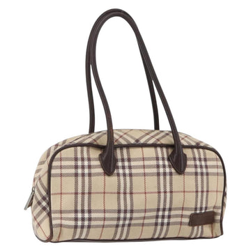 BURBERRY Nova Check Blue Label Hand Bag Canvas Beige Silver Auth 159809