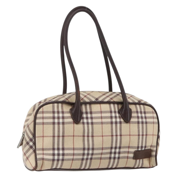 BURBERRY Nova Check Blue Label Hand Bag Canvas Beige Silver Auth 159809