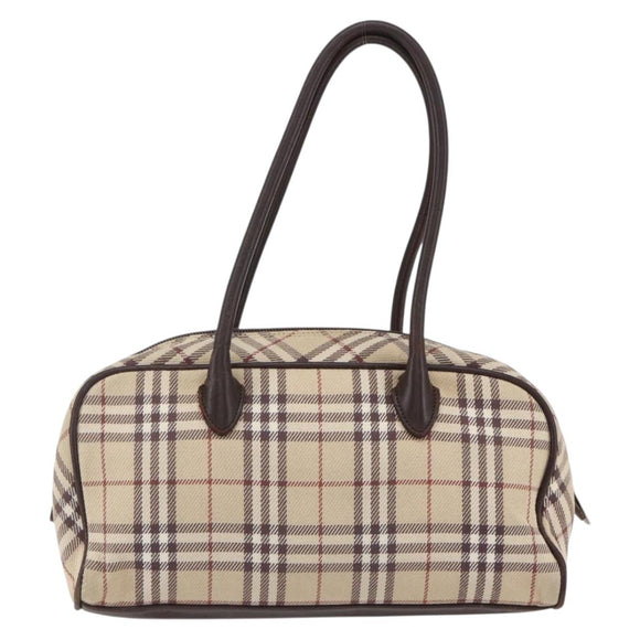 BURBERRY Nova Check Blue Label Hand Bag Canvas Beige Silver Auth 159809