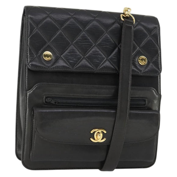 CHANEL Matelasse Ketting Schoudertas Lamsleer Zwart Goud CC Auth 159827SAV