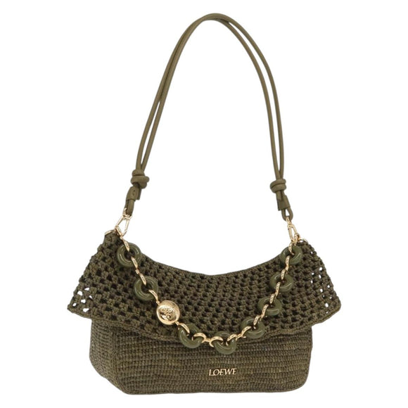 LOEWE Ora Medium Chain Shoulder Bag Raffia 2way Khaki Gold Auth 159851SAV