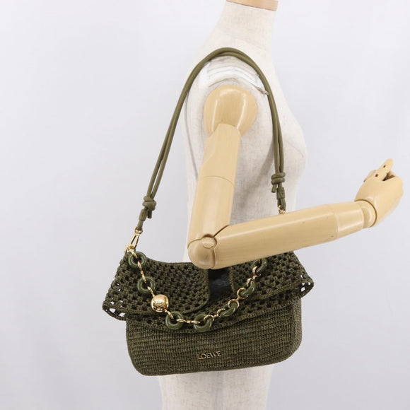 LOEWE Ora Medium Chain Shoulder Bag Raffia 2way Khaki Gold Auth 159851SAV