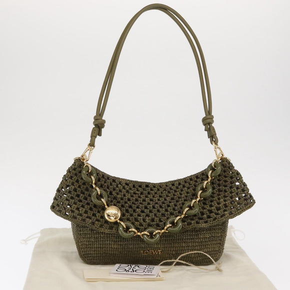 LOEWE Ora Medium Chain Shoulder Bag Raffia 2way Khaki Gold Auth 159851SAV