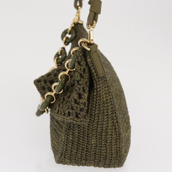 LOEWE Ora Medium Chain Shoulder Bag Raffia 2way Khaki Gold Auth 159851SAV