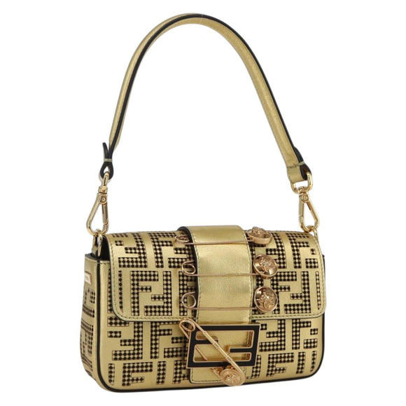 FENDI Zucca Canvas Mini Baguette Shoulder Bag Gold Auth 159852SM