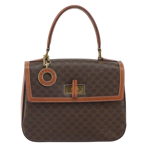 CELINE Circle Macadam Canvas Hand Bag PVC Leather Brown Gold Auth 159882