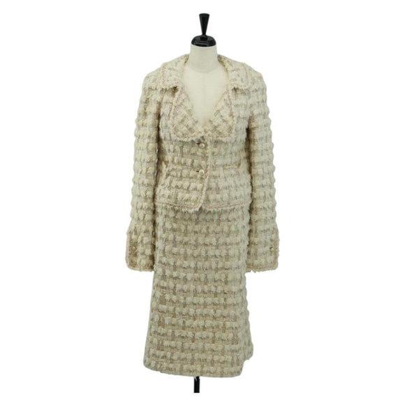CHANEL Jacket Skirt Setup Tweed White CC Auth 159923V