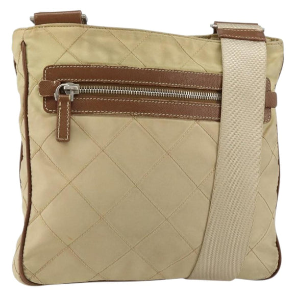 PRADA Quilted Shoulder Bag Nylon Beige Silver Auth 159966