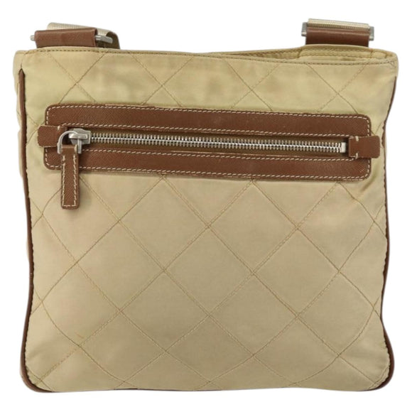 PRADA Quilted Shoulder Bag Nylon Beige Silver Auth 159966