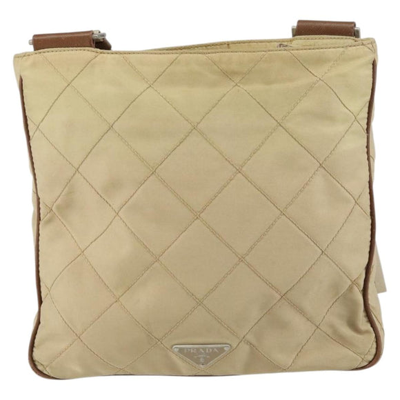 PRADA Quilted Shoulder Bag Nylon Beige Silver Auth 159966