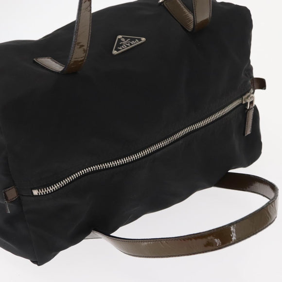PRADA Hand Bag Nylon Silver Black Auth 159971
