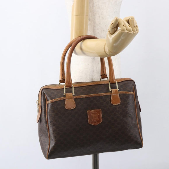 CELINE Macadam Canvas Boston Bag PVC Leather Brown Gold Auth 159982