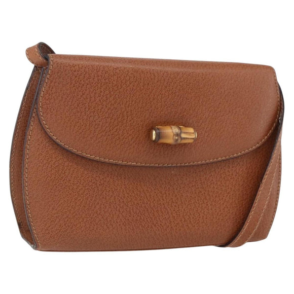 GUCCI Bamboo Shoulder Bag Leather Brown Gold Auth 159984