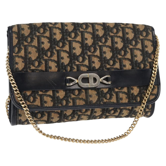 Christian Dior Trotter Canvas Chain Shoulder Bag Navy Gold Auth 159985