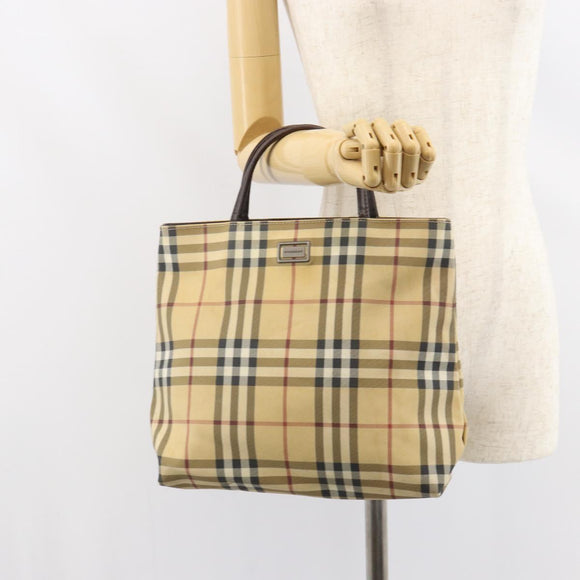 BURBERRY Nova Check Hand Bag PVC Beige Gold Auth 159987