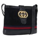 GUCCI Sherry Line Shoulder Bag Suede Navy Gold Auth 160045-1