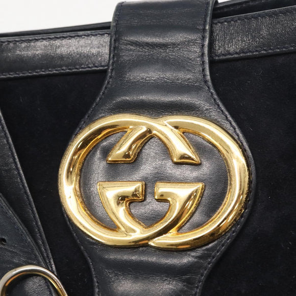 GUCCI Sherry Line Shoulder Bag Suede Navy Gold Auth 160045
