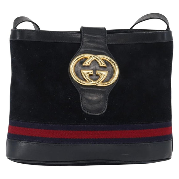 GUCCI Sherry Line Shoulder Bag Suede Navy Gold Auth 160045