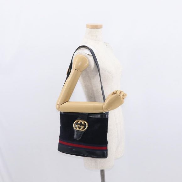GUCCI Sherry Line Shoulder Bag Suede Navy Gold Auth 160045