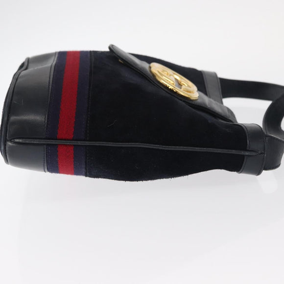 GUCCI Sherry Line Shoulder Bag Suede Navy Gold Auth 160045
